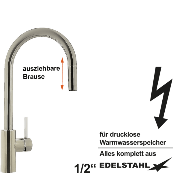 Hebelmischer-Spültischbatterie 1/2" A210 H240 mit ausziebarer Handbrause aus massiven Edelstahl für drucklose Speicher