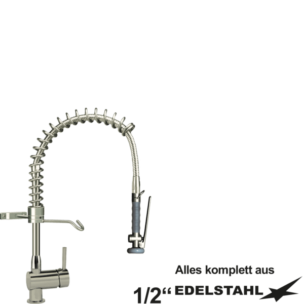 Vorspülbrausen Hebelmischer-Einlochbatterie 1/2" ohne Auslaufventil am Rohr mit RV komplett aus Edelstahl