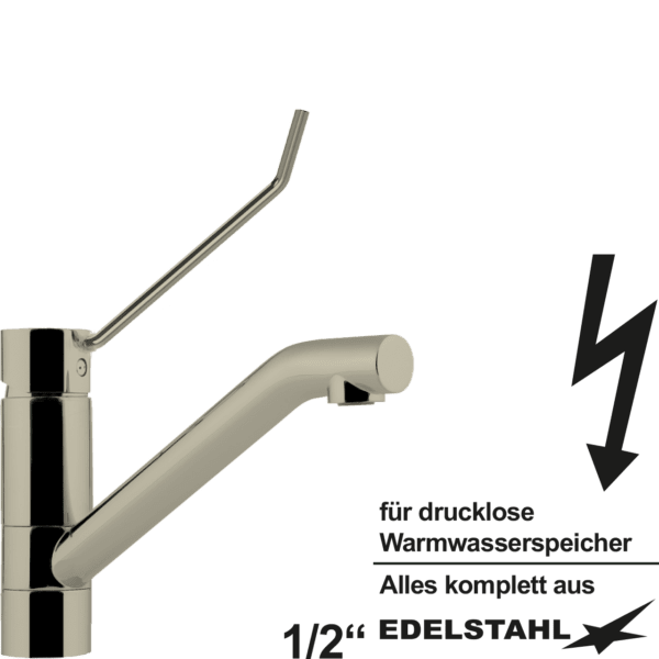 Hebelmischer-Spültischbatterie 1/2" mit Rohrform-Schwenkauslauf und langen Hebel (auf Sockel 50mm) komplett aus Edelstahl für drucklose Speicher