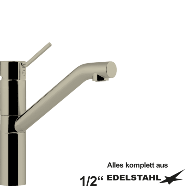 Hebelmischer-Spültischbatterie 1/2" mit Rohrform-Schwenkauslauf und kurzen Hebel (auf Sockel 100mm) komplett aus Edelstahl