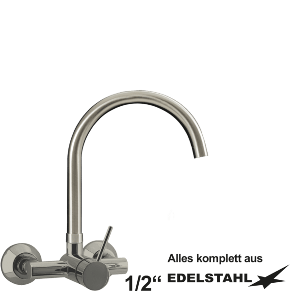 Hebelmischer-Wandbatterie 1/2" mit U-Form Schwenkauslauf - komplett aus Edelstahl