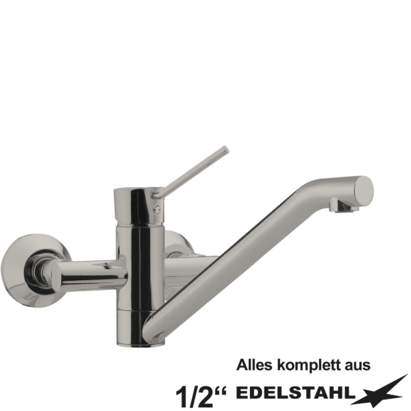 Hebelmischer-Wandbatterie 1/2" mit massivem Schwenkauslauf und kurzen Hebel komplett aus Edelstahl
