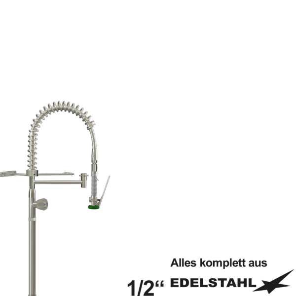 Vorspülbrausen Standventil 1/2" mit Auslaufventil am Rohr mit RV komplett aus Edelstahl auf Säule L300mm