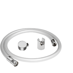 Schlauch in silbergrau mit Verschraubungen aus Messing verchromt mit Wandhalter