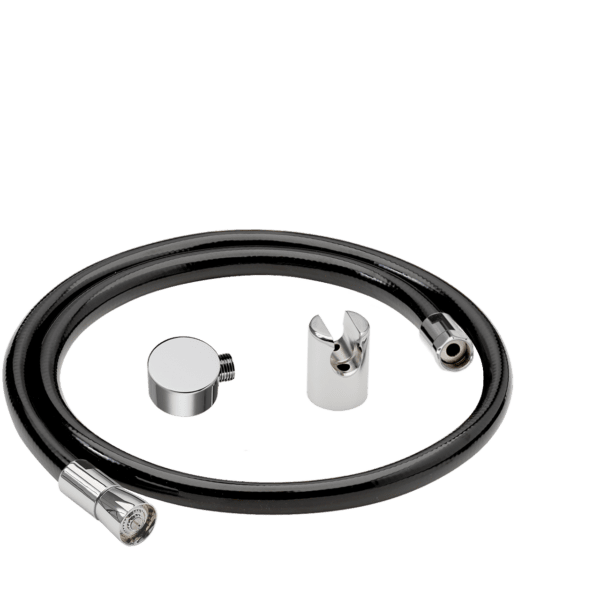 Schlauch in schwarz mit Verschraubungen aus Messing verchromt mit Wandhalter