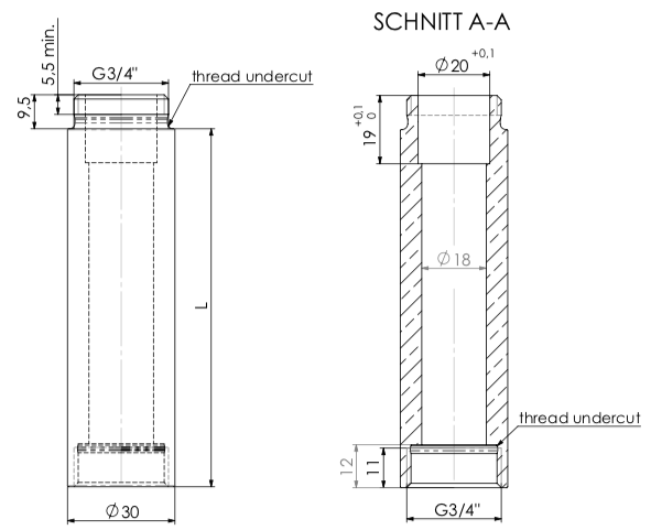Rohr gerade Ø30 L100 3/4" x 3/4" IGxAG MC