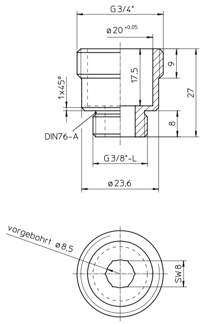 Gewindenippel-Endstück für Wandanschluss 3/4" AG für lange und kurze ÜM's