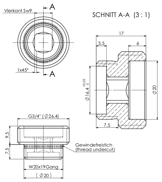 Gewindenippel-Endstück für Wandanschluss 3/4" AG kurz