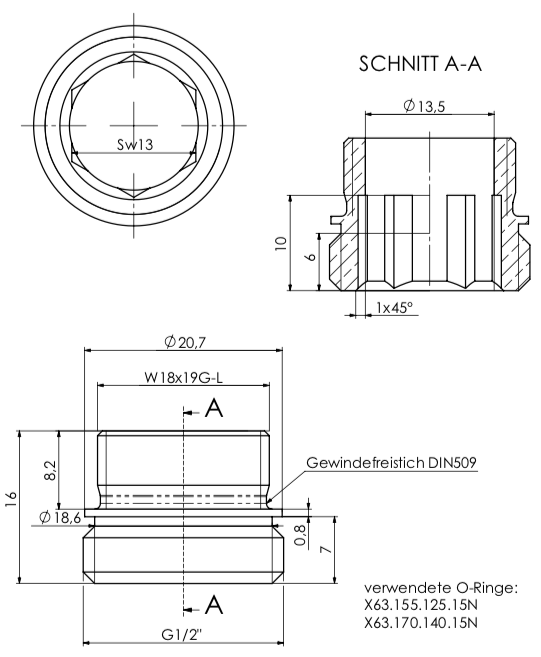 Gewindenippel W18x19G-links x 1/2" - SW13 (AG x AG)