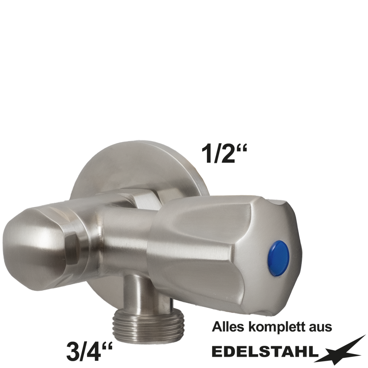 Eckventil 1/2" x 3/4" über Eck 90° klein Edelstahl