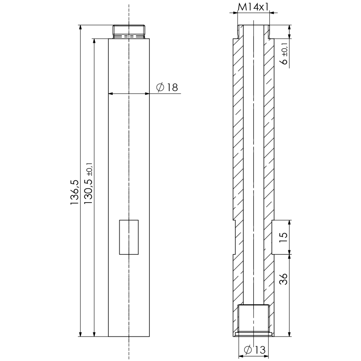 Innenrohr zu Griff o. Absperr. M14x1 IGxAG L 130.5 VA