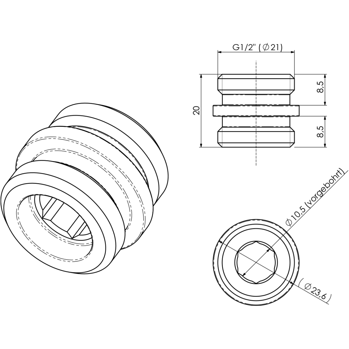 Brause-Adapter für Nito mit 1/2" AG mit O-Ring-Freistich und Anschlag