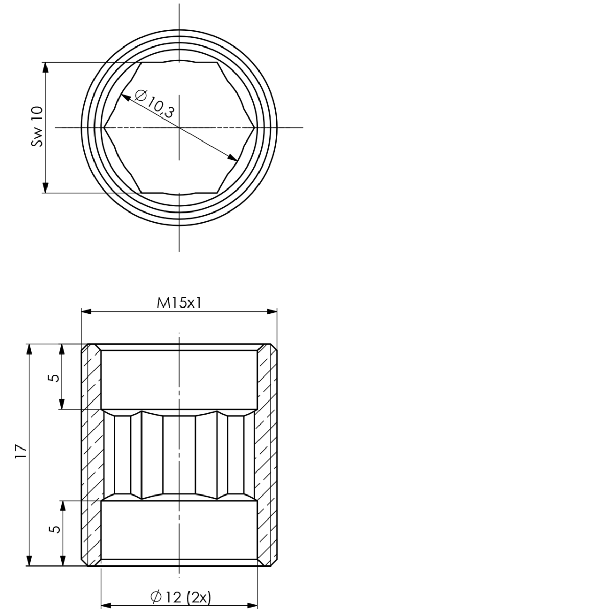 Gewindenippel M15x1 - L 17 mm Messing passend zu Schlauchteile mit M15 IG
