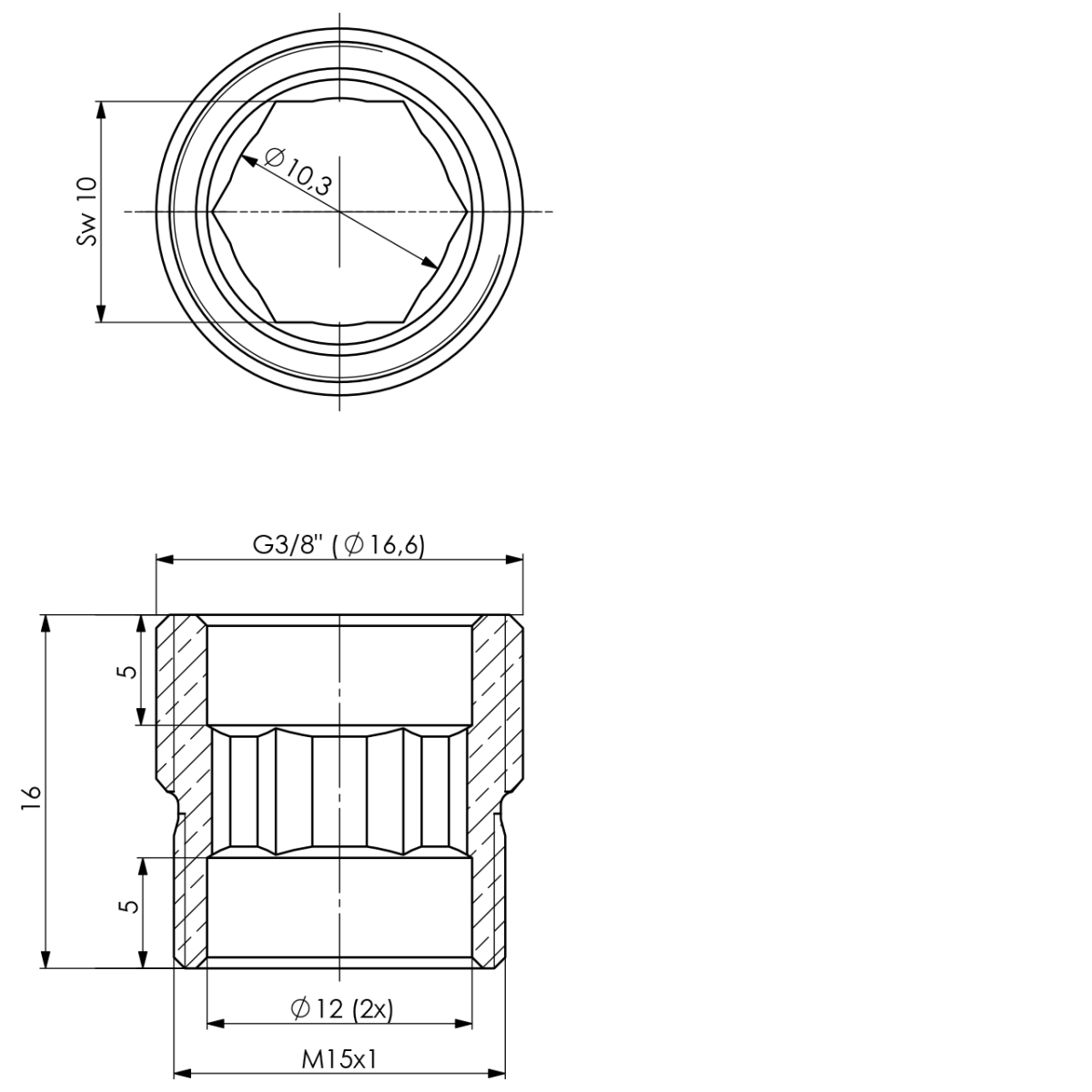 Gewindenippel M15x1 - 3/8" L 16 mm zu Schlauchteile M15 IG oder 3/8" IG