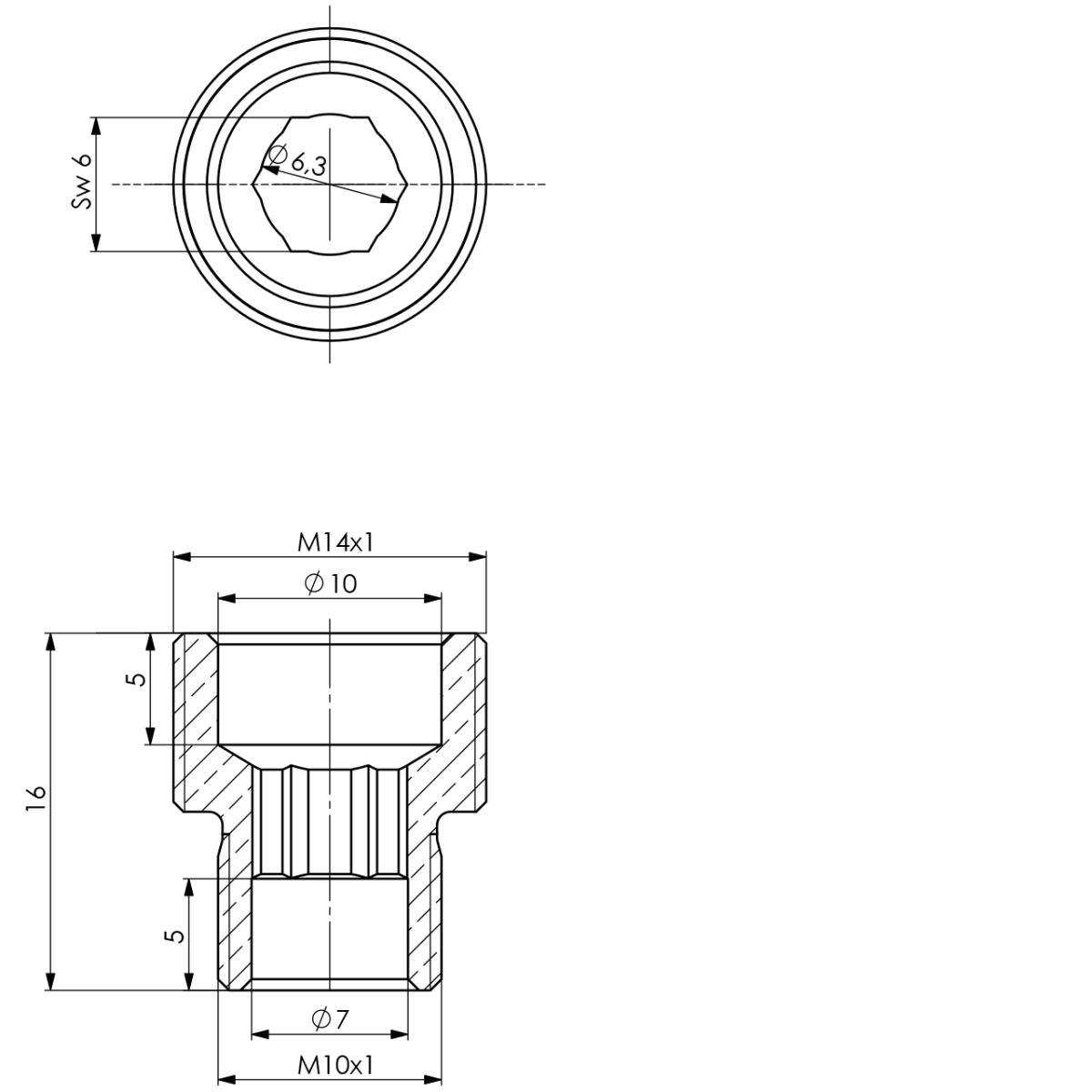 Gewindenippel M14x1 M10x1 L 16 mm zu Schlauchteile M14 IG oder M10 IG