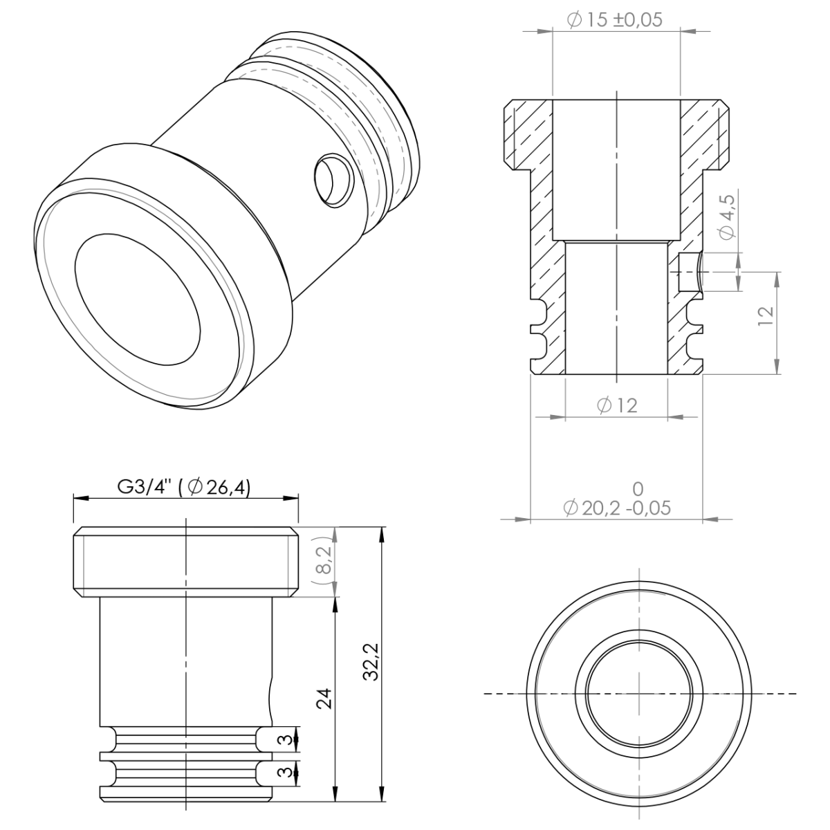 Stecknippel anstatt Auslauf 3/4" AG Aufnahme Ø20