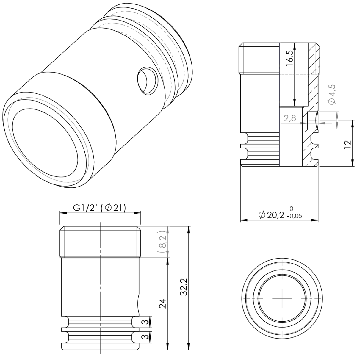 Stecknippel anstatt Auslauf 1/2" AG Aufnahme Ø20