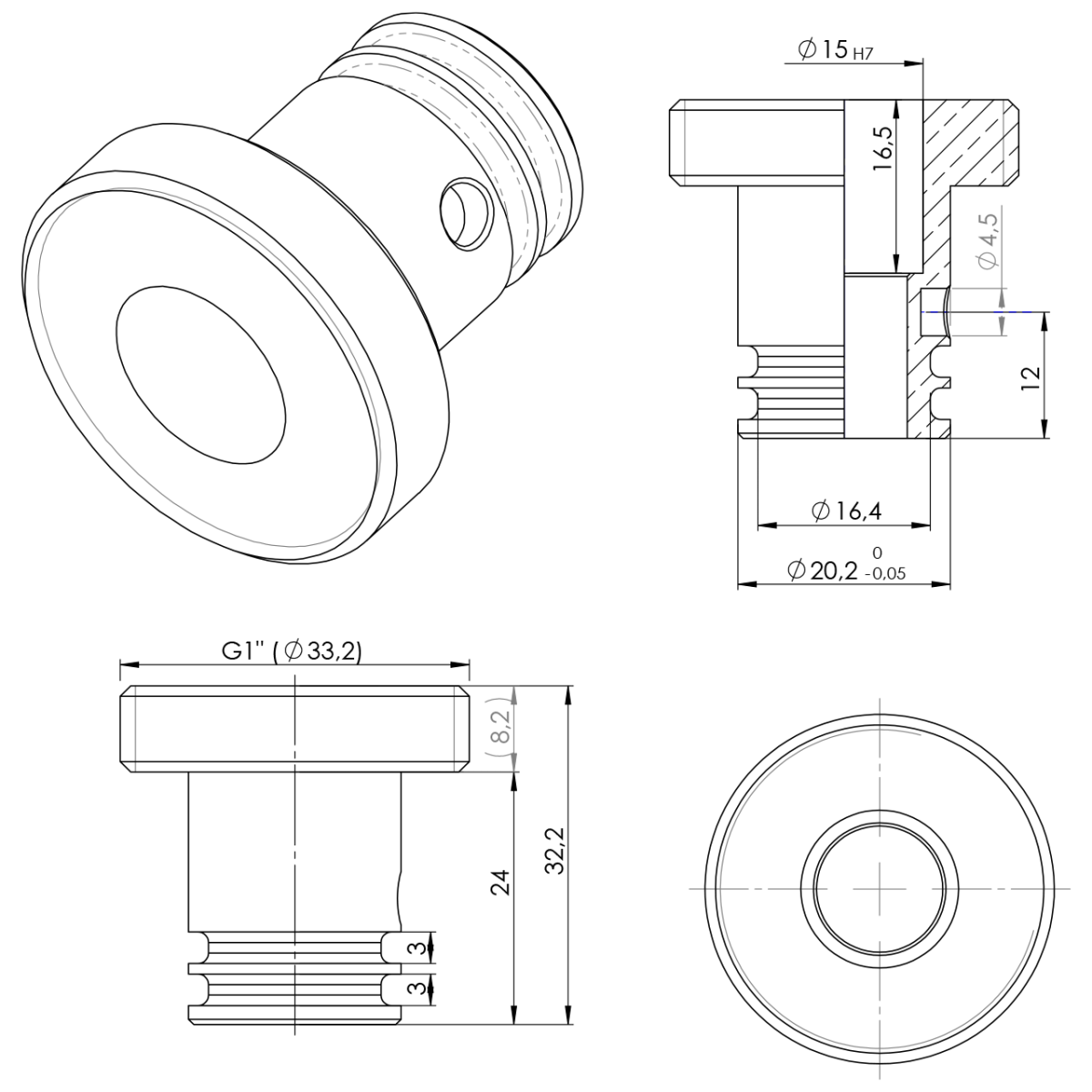 Stecknippel anstatt Auslauf 1" AG Aufnahme Ø20