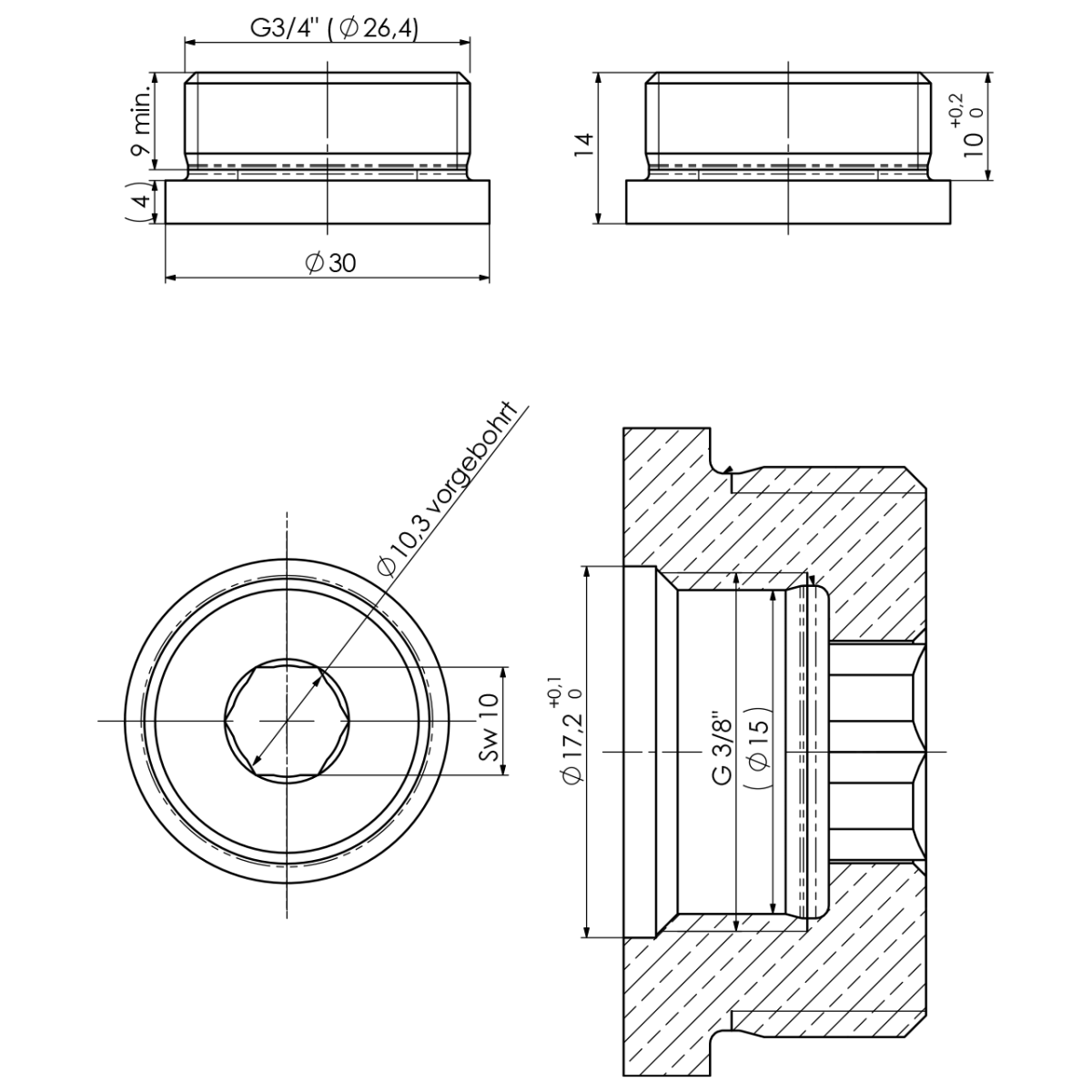Gewindenippel 3/8" x 3/4" (IG x AG) (ohne Anschlag)