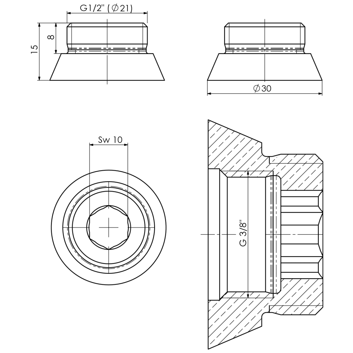 Gewindenippel 3/8" x 1/2" (IG x AG) (ohne Anschlag)