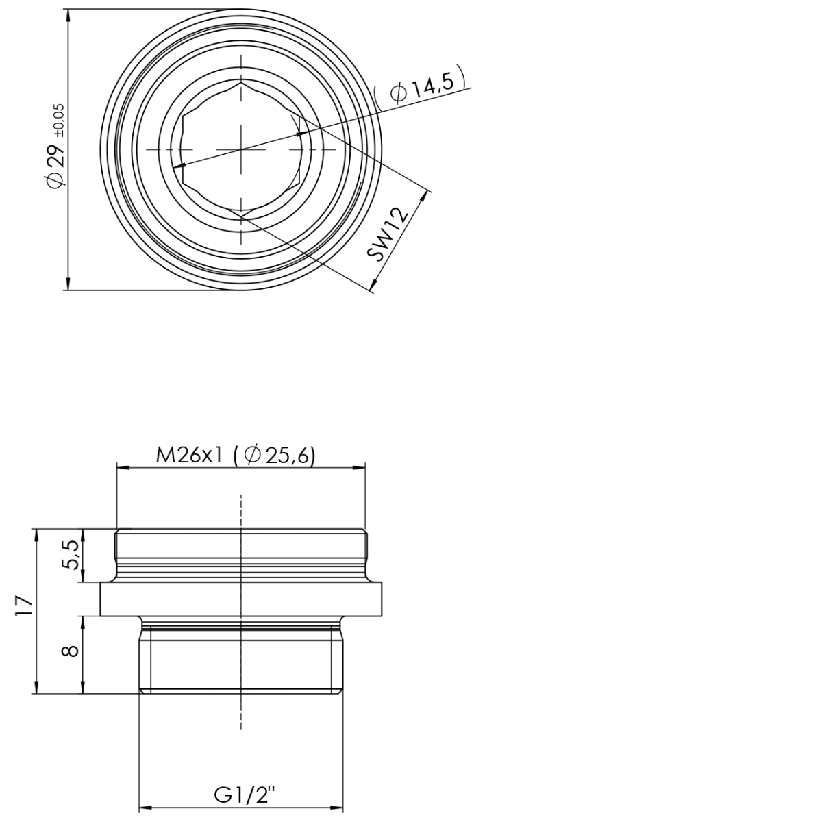 Gewindenippel M26 x 1/2" - SW 15 mm innen (AG x AG)