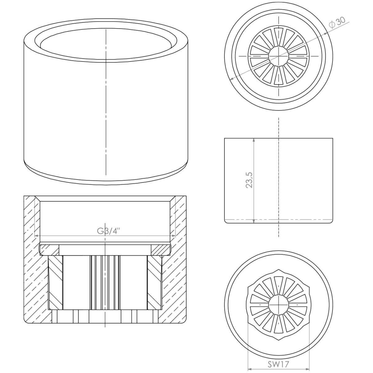 Strahlregler 3/4" IG chrom mit Kunststoff-Einsatz weiss