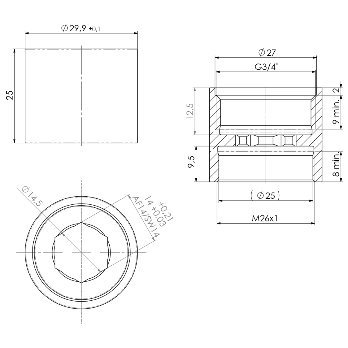Anschlussnippel M26 IG auf 3/4" IG