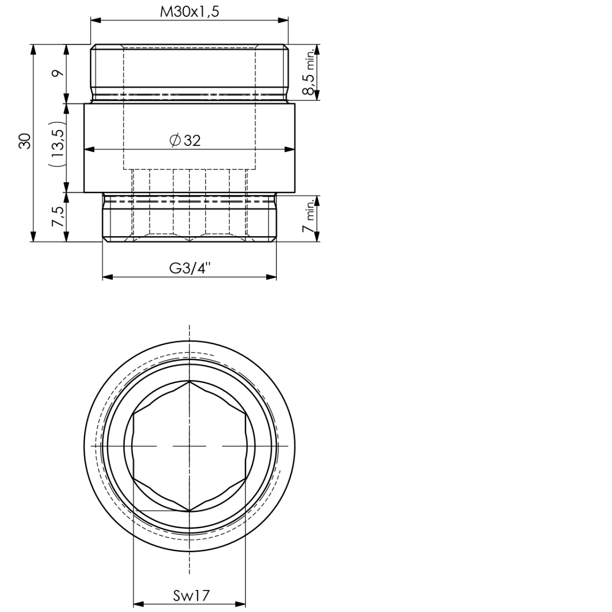 Gewindenippel 3/4" x M30 - für RV Ø 20 mm (AG x AG)
