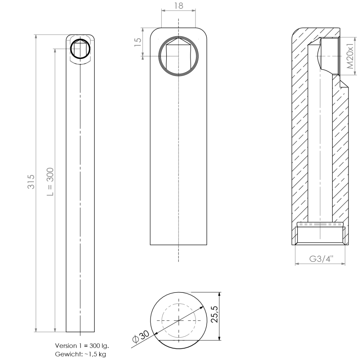 Rohr 90° Ø30 L300 3/4" x M20x1 IGxIG MC