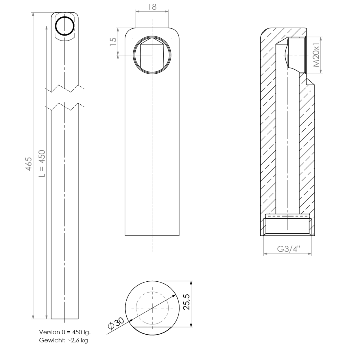 Rohr 90° Ø30 L450 3/4" x M20x1 IGxIG MC