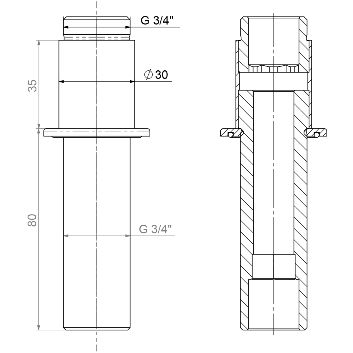 Standfuss L 35 mm gerade Rohr Ø30 mm Gewindestutzen 3/4" ohne