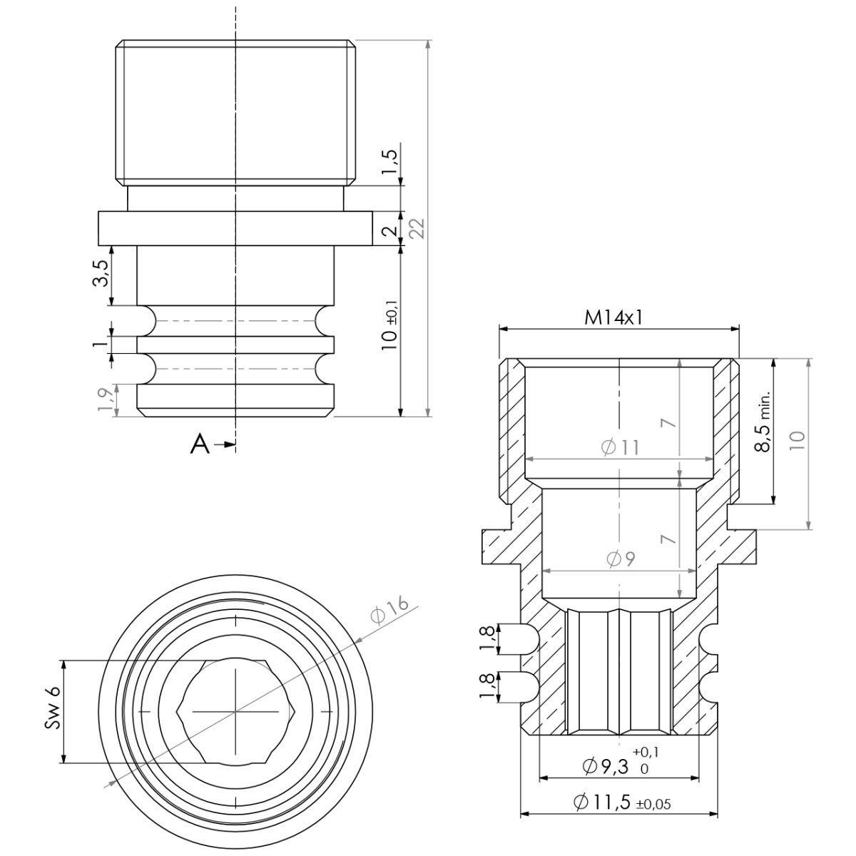 Adapter M14x1 auf Stecknippel Ø11